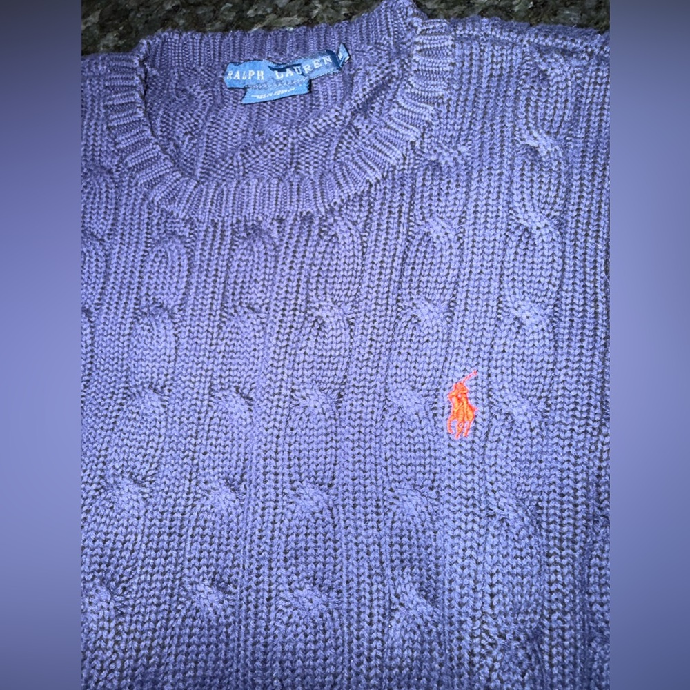 Ralph Lauren Women’s Navy Blue Cable Knit Crewneck Sweater w/ Red Polo Horse